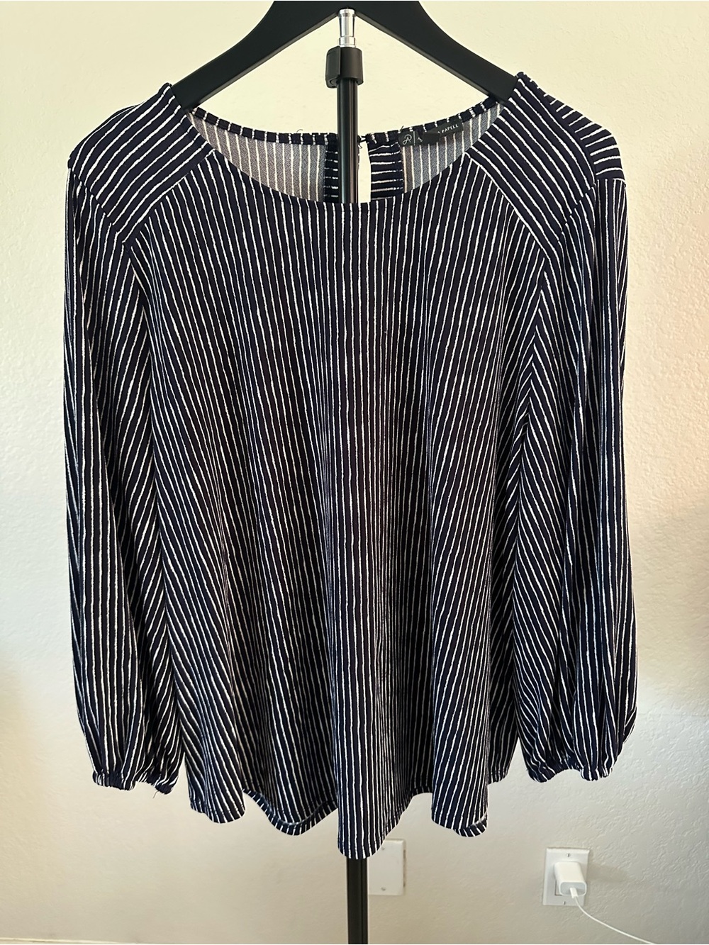 Adrianna Papell Navy and White Striped Long-Sleeve Women’s Blouse Size XL